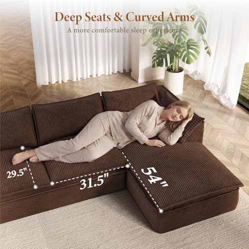 Vesgantti 7 Seater Sectional Couch, 141.7" Large Cloud Sofa, Brown | U Shaped Modular Couch with Chaise Ottoman, Deep Seat Sofa for Living Room, Pinstripe Corduroy, Curved Armrest, No Assembly