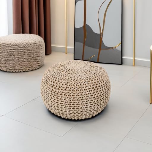 · REDEARTH · Round Pouf Ottoman - Hand Knitted Boho Poof - Beige Ivory