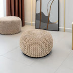 · REDEARTH · Round Pouf Ottoman - Hand Knitted Boho Poof - Beige Ivory