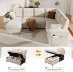Vipbear 112" Modular Sectional Sleeper Sofa with Pull Out Bed, Chenille Modern 7 Seat L Shaped Couch with Reclining Backrest/LiftTop Storage Chaise Armrests/USB/LED Light/Tool-Free Assembly, Beige