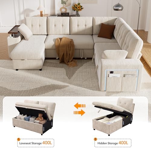 Vipbear 112" Modular Sectional Sleeper Sofa with Pull Out Bed, Chenille Modern 7 Seat L Shaped Couch with Reclining Backrest/LiftTop Storage Chaise Armrests/USB/LED Light/Tool-Free Assembly, Beige