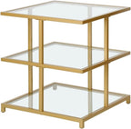 Pemberly Row Contemporary 22" Gold Finish Side Table, Handcrafted Metal Frame, Tempered Glass Shelves, Cantilevered Design, Modern Accent Table for Living Room, Family Room or Bedside