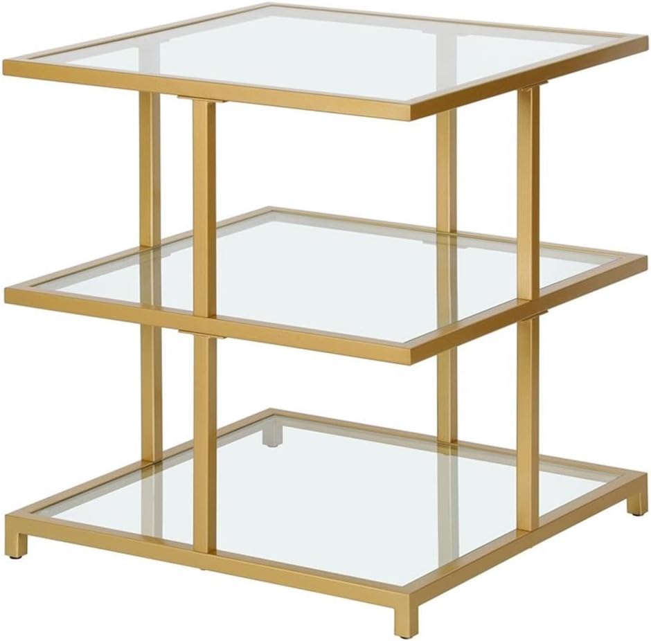 Pemberly Row Contemporary 22" Gold Finish Side Table, Handcrafted Metal Frame, Tempered Glass Shelves, Cantilevered Design, Modern Accent Table for Living Room, Family Room or Bedside