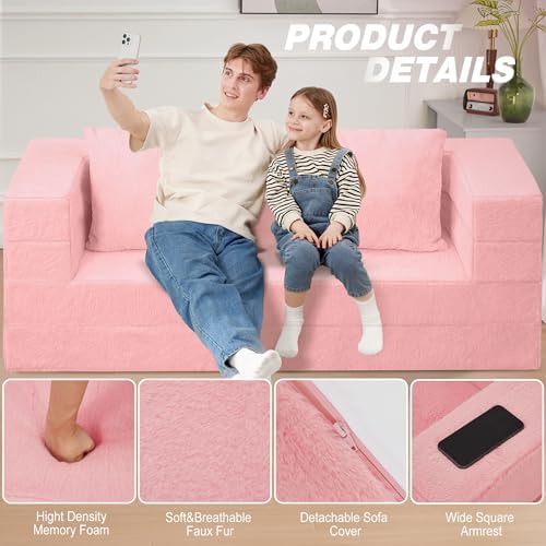 Futon Sofa Bed with Pillow, 3-in-1 Sleeper Sofa Bed with Removable Cover | Convertible Floor Sofa Bed with Memory Foam Filled, No Assembly Couch for Living Room, Bedroom（Pink King）