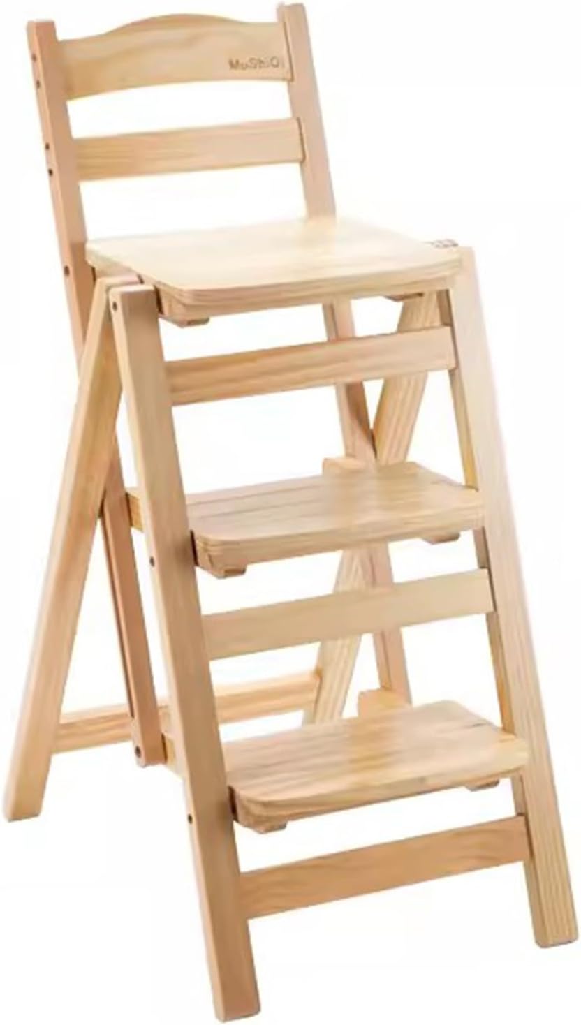 Folding Bar Stool, 3 Step Multifunction Portable Adults Solid Wood Ladder Stool for Household Kitchen, Bathroom Storage Shelf, Wood Color