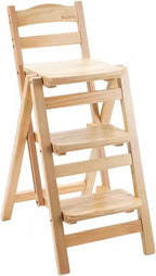 Folding Bar Stool, 3 Step Multifunction Portable Adults Solid Wood Ladder Stool for Household Kitchen, Bathroom Storage Shelf, Wood Color