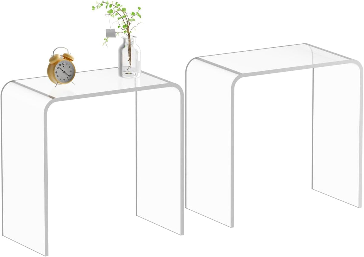 Acrylic Side Table Set of 2, 21" H x 21" W x 12" D x 3/5'' Thick Clear Small End Table, Transparent Nightstand and Stool for Home Office, Living Room and Bedroom