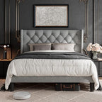 GalnFu Queen Size Bed Frame with Button Tufted Headboard, Upholstered Platform Bed Frame with UnderBed Storage, Wooden Slats Supports, Noise Free, No Box Spring Needed, Easy Assembly, Light Grey