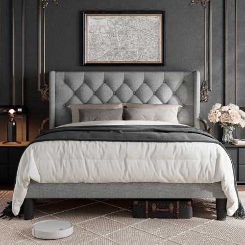GalnFu Queen Size Bed Frame with Button Tufted Headboard, Upholstered Platform Bed Frame with UnderBed Storage, Wooden Slats Supports, Noise Free, No Box Spring Needed, Easy Assembly, Light Grey