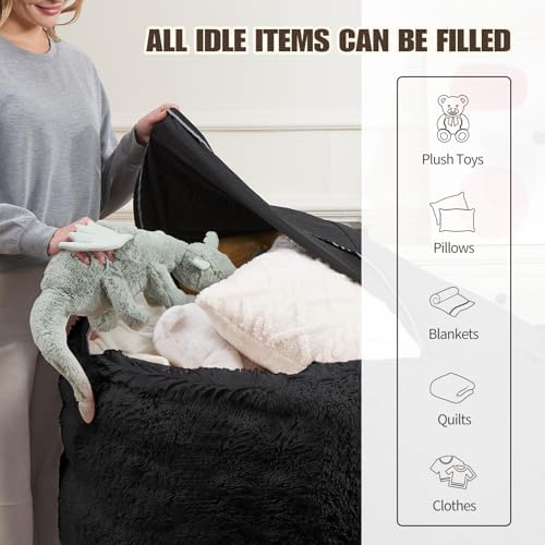 Bean Bag Cover (No Filler), Soft Faux Fur Stuffed Animal Bean Bag Storage, Fluffy Plush Bean Bag Chair Cover Washable, Comfy Bean Bag Covers for Adults Kids Teens, 38"x40" Black