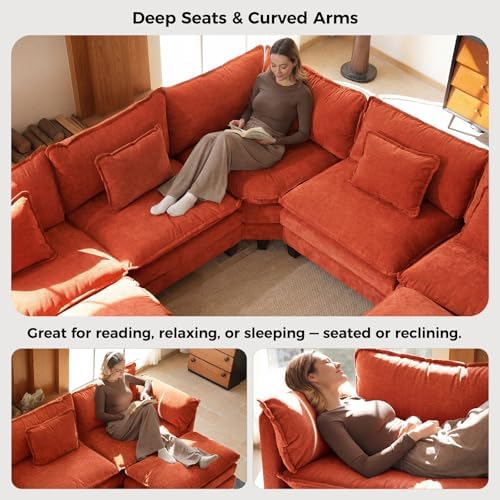 ELUCHANG 114" Oversized Modular Sectional Sofa, Comfy Chenille Cloud Couch, 6-Seater V Shaped Modern Deep Seat Sofa w/Removable Covers for Living Room, Bedroom, DIY Combination - Terracotta