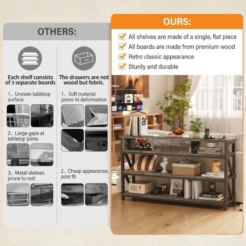 Mexin Console Table with Outlets and USB Ports, Entryway Table with Drawer Storage Shelves, Industrial Wood Hallway Sofa Table for Living Room, Couch, Foyer Table, 47 Inch Grey Oak
