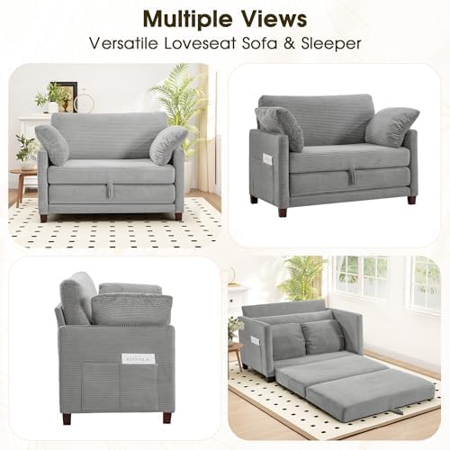 51" Convertible Loveseat Sofa Bed, 2-in-1 Folding Sofa Bed with 2 Pillow for Small Spaces, Modern Loveseat Sleeper Couch for Apartment, Living Room & Guest Room (Light Grey Corduroy, 51 inch)