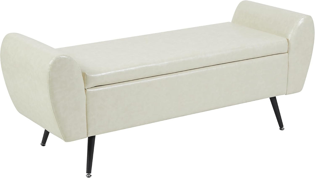 Faux Leather Storage Bench for Bedroom, Extra Long Bench for King Size Bed, Modern Upholstered End of Bed Ottoman Bench with Arms for Entryway Living Room (Faux Leather-Beige)