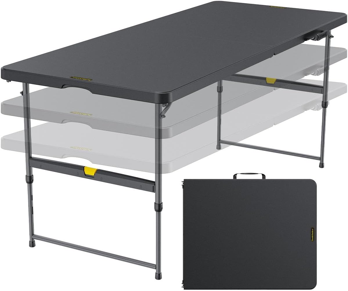 FanttikOutdoor Folding Table 6ft Quick Adjust 3 Heights Picnic Party Dining | One-Handed Adjustable Height, Fixing Lock, Carry Handle Heavy Duty Portable Fold-in-Half, Indoor Outdoor Black Zeta X6 Pro