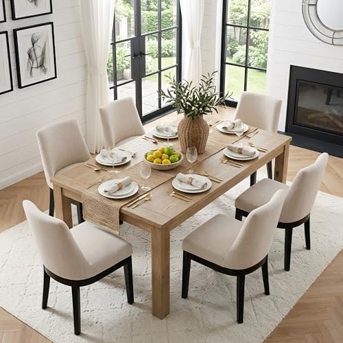 HNY Beige Linen Dining Chairs Set of 6, Soft Upholstered Dining Room Chairs | Comfortable Back Support, Black Brushed Solid Wood Legs, Modern Farmhouse Kitchen Chairs for Living Room, Home, Apartment