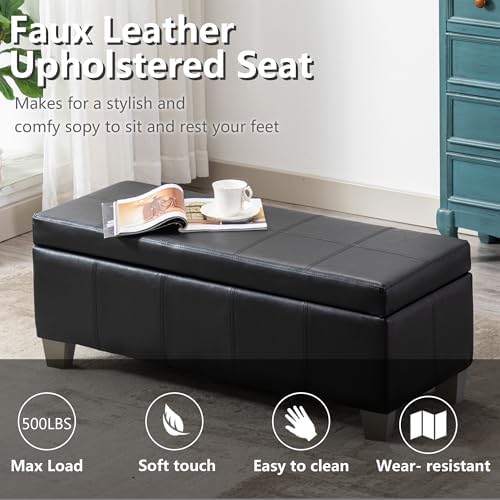 41" Storage Ottoman, Storage Bench with Safety Hinge, Upholstered Synthetic Leather Ottoman Bench for Bedroom, Living Room, Entryway, Hallway, Foot Rest, Support 500lbs, Black