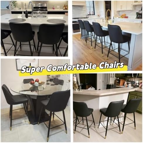 Bar Stools Set of 4,Counter Height Bar Stools with Back,Modern Faux Leather Kitchen Stools,27"Black Bar Stool with Stable Metal Leg,Armless Counter Height Chair for Kitchen Island Coffee Corner