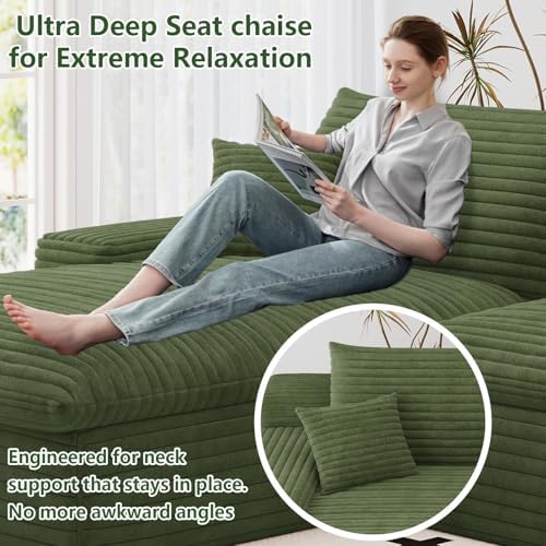 107" Cloud Couch Modular Sectional Sofa for Living Room, U-Shape Couch with Deep Seat, Modern Corduroy 3-Seater with Ottoman, No Assembly Required (Green,Left-Facing Chaise)