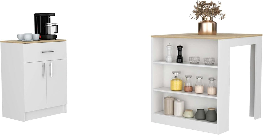 2 Piece Kitchen Set with Island Table and Pantry Cabinet | Includes pre-drilled holes for assembly