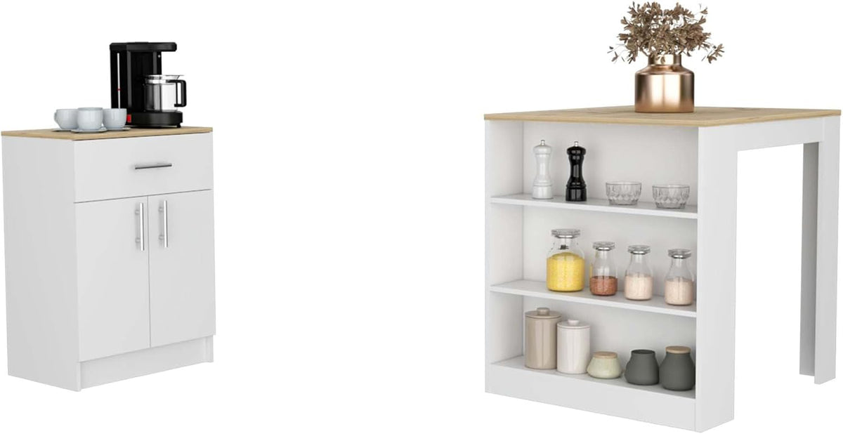 2 Piece Kitchen Set with Island Table and Pantry Cabinet | Includes pre-drilled holes for assembly