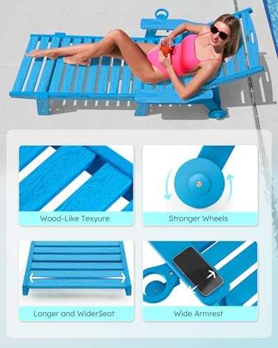 Patio Chaise Lounge Chair Outdoor with Wheels, Oversize Patio Lounge Chairs with Wood Texture, HDPE 6-Position Plastic Lounge Chairs for Poolside, Patio, Deck, Beach，Blue