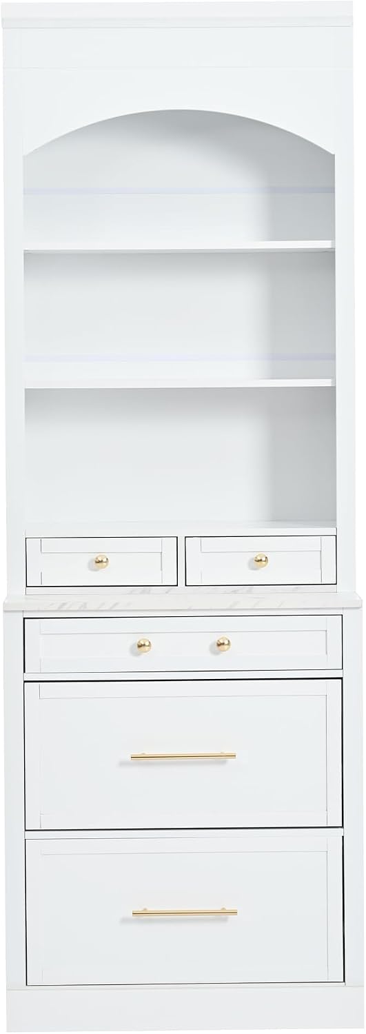 83.7" Tall Kitchen Pantry Cabinet, Freestanding Kitchen Hutch with Faux Marble Top, Pantry Storage Cabinet with 5 Drawers & Adjustable Shelf, Modern Farmhouse Cupboard for Dining Room, White