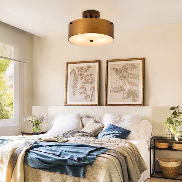 Gold Semi Flush Mount Ceiling Light, Modern Drum Chandelier with Brass Gold Metal Shade, Vintage Close to Ceiling Light for Kitchen Entryway Bedroom Laundry Room, 3-Light, 12 Inch