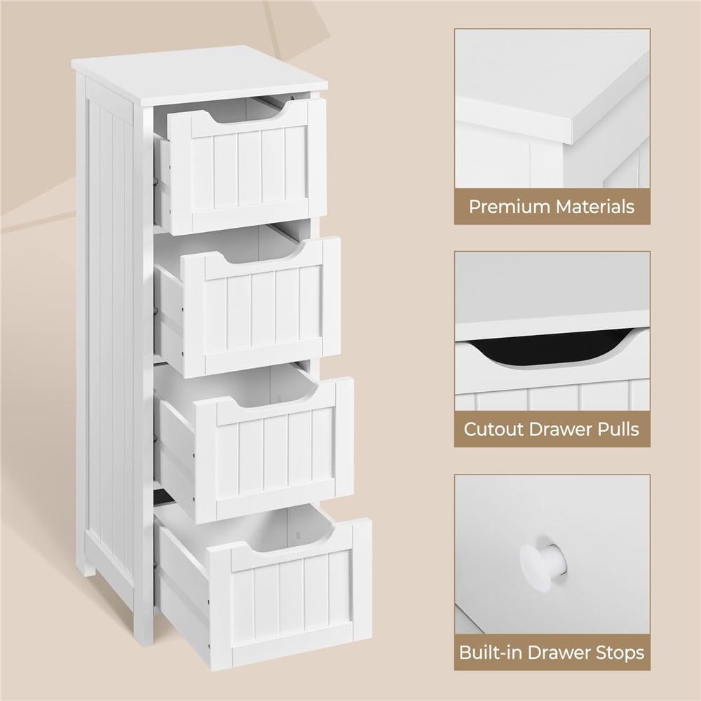 Yaheetech Bathroom Storage Cabinet, 12" W Slim 4-Drawer Design, White | Narrow Freestanding Organizer for Small Spaces, Beside Toilet or Vanity, Beadboard Tower, 32.5"H, P2 MDF, Water-resistant