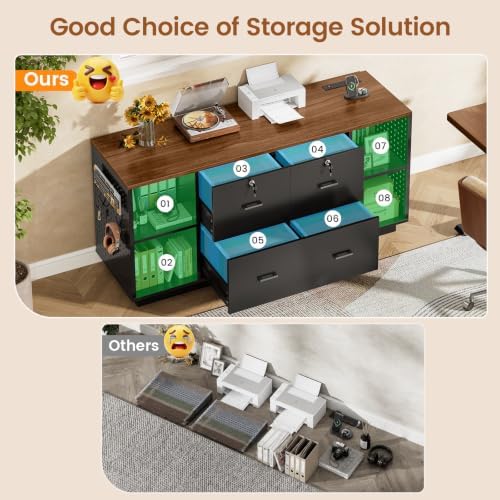 SEDETA 55" File Cabinet with Lock, Large 3 Drawers Filing Cabinets for Home Office, Lockable Printer Stand with Storage, Power Strip, LED Light & Pegboard, Black + Brown