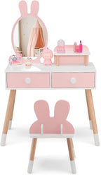 HONEY JOY Kids Vanity, Rabbit Themed Toddler Wooden Makeup Table and Chair Set w/2 Large Drawers, Beech Wood Legs, Princess Dressing Beauty Table, Girls Vanity Set with Mirror and Stool (Pink)