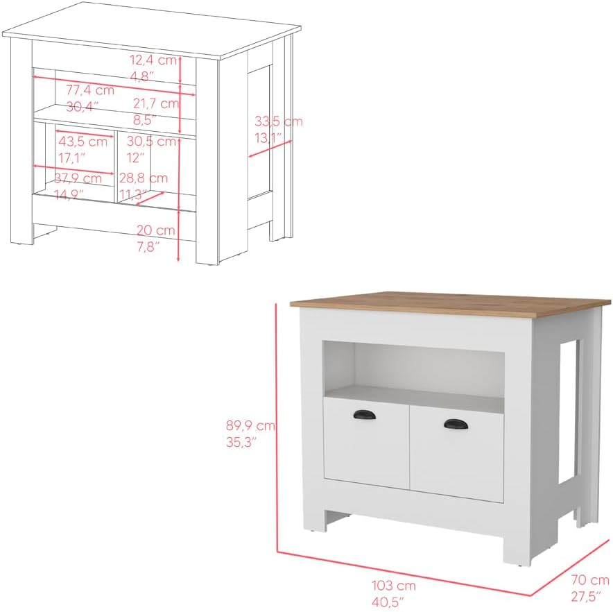 Kitchen Island Geneva, White/Macadamia with Spacious Workspace and Ample | 40.5" x 27.5" Macadamia countertop with ample storage and engineered wood frame