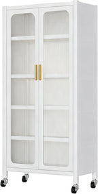 65" Tall Freestanding Kitchen Pantry Cabinet, 6-Tier Metal Food Pantry Storage Cabinet with Transparent Door, Adjustable Shelves and Rolling Wheels,Display Cabinet for Kitchen, Living Room,White