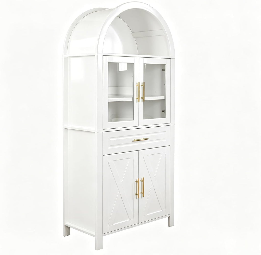71" Tall Arched Kitchen Pantry Cabinet with Glass Doors - Farmhouse Storage Cabinet with Adjustable Shelves & Barn Door Design - Freestanding Cupboard for Kitchen, Dining & Living Room (White)