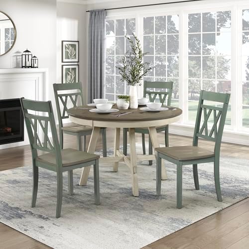 Lexicon Wood Dining Chair, Set of 2, Greywash/Antique Teal | Double Cross Back, Rustic Armless Chairs, Kitchen and Dining Room Furniture, Two-Tone Finish