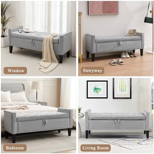 Velvet Storage Ottoman Bench, 46'' Upholstered Button Tufted End of Bed Bench, Modern Storage Bench for Bedroom, Living Room, Entryway, Grey