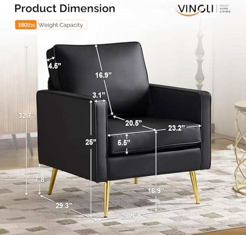 VINGLI Faux Leather Accent Chairs Set of 2 with Gold Legs for Living Room | Brown Armchair, Thick Foam Cushion, Durable Faux Leather PU, Sturdy 380 LB Frame, Elegant Gold Legs, Compact Modern Design
