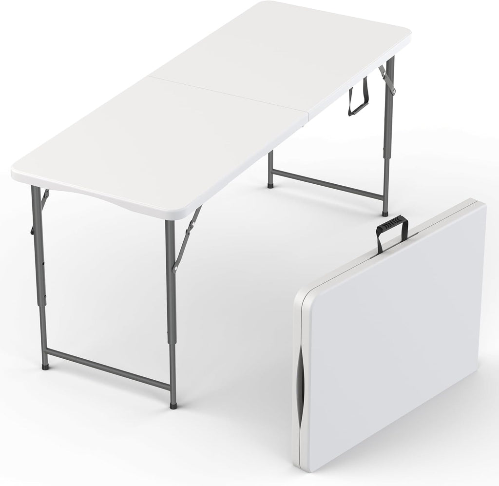5.5 Feet ADJUSTABLE Foldable Table with Built in Handle & Steel Legs | 5.5FT Heavy Duty Folding Portable | Perfect for Party, Dining, Wedding, Events, Picnic Indoor, Outdoor, Camping, Utility, Folding