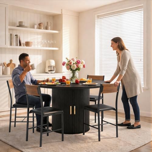 Pamapic Dining Table Set for 6, 47" Round Dining Table with Chairs, Storage Shelf, Space-Saving Tambour Design, Gold Handles, Wood Grain, Kitchen Table and Chairs for Dining Room & Living Room, Black