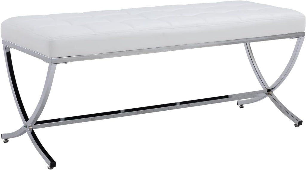 HEAH-YO Modern Button Tufted Bench, PU Faux Leather Ottoman Dining Bench, Stylish Footstool for Entryway Bedroom Kitchen Dining Table, White