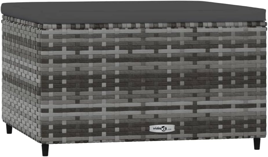 Patio Footrest with Cushion Gray Poly Rattan Weather Proof Outdoor Footstool for Garden Dining Relaxation
