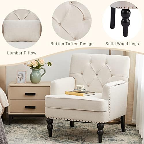 HUIMO Accent Chair, Tufted Upholstered Club Chair, Beige | Upholstered Fabric Armchairs, Button Tufted Reading Chairs for Living Room, Bedroom