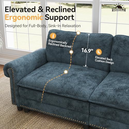 SUNSHINE VALLEY Modular Sectional Sofa Set Living Room 3-Piece Deep Seats | Mid-Century Modern 6-Seater Cloud Couch Set, Cyan, Rolled Arms & Nailhead Trim, Wider & Deeper Seats, Chenille Furniture Set