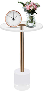 Modern Side Table with Cylindrical Base, Clear Acrylic End Table, Brushed Brass Metal Side Table for Office Living Room and Bedroom (Medium Round Base)