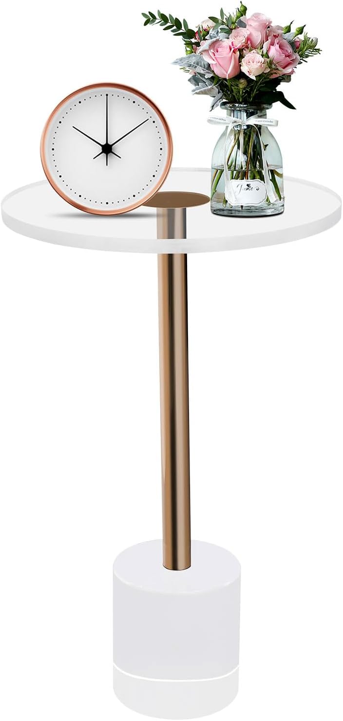 Modern Side Table with Cylindrical Base, Clear Acrylic End Table, Brushed Brass Metal Side Table for Office Living Room and Bedroom (Medium Round Base)