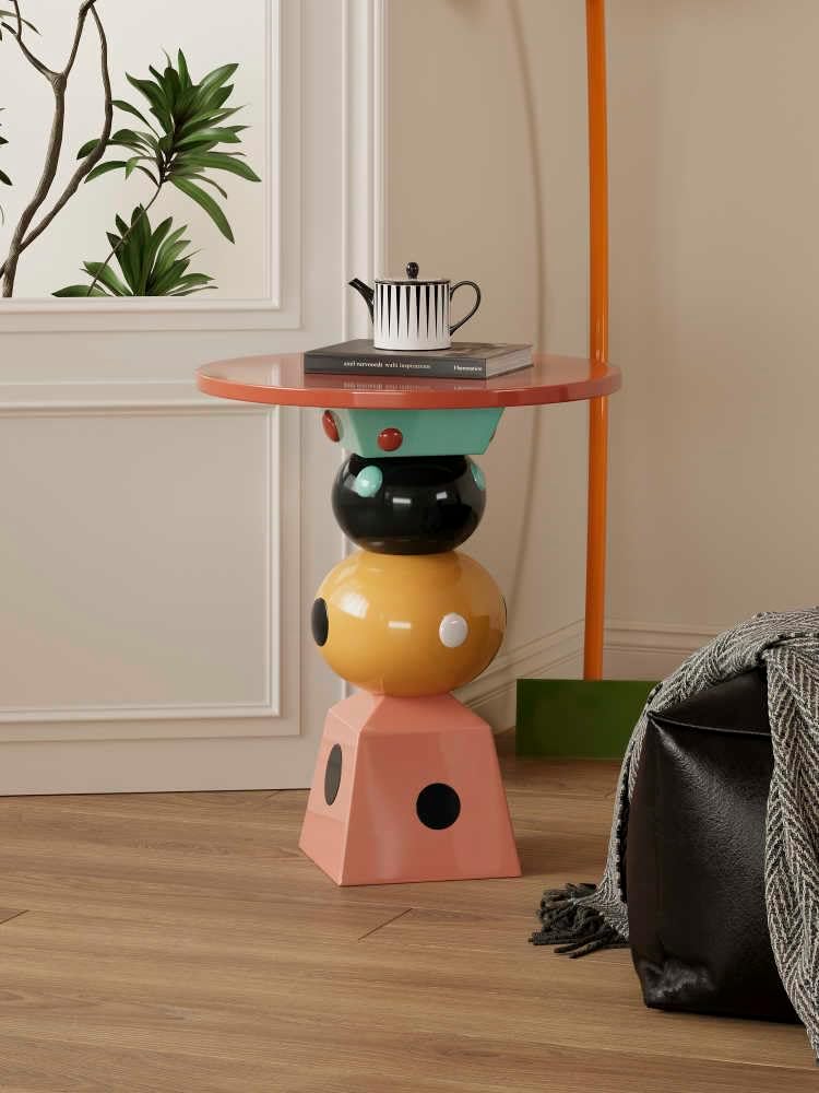 Colorful Stacked Side Table – Modern Memphis Style Geometric Accent Table, Playful Multi-Color Shapes for Bright Living Room Design