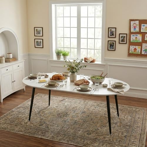 Round to Oval Extendable Dining Table for 4-8, 43" -75" Expandable Kitchen Table with Dual Extension Leaves, White Tabletop & Black Metal Legs, Space-Saving Modern Dining RoomTable, Easy Assembly