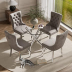 Modern Silver Round Glass Dining Table Set for 4, 36'' Luxury Minimalist Circle Dinette Room Set, 5 PCS Clear Circular Glass Top Kitchen Set, Grey High-end Tufted Chairs, for Small Place