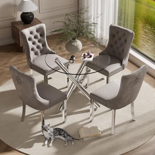 Modern Silver Round Glass Dining Table Set for 4, 36'' Luxury Minimalist Circle Dinette Room Set, 5 PCS Clear Circular Glass Top Kitchen Set, Grey High-end Tufted Chairs, for Small Place