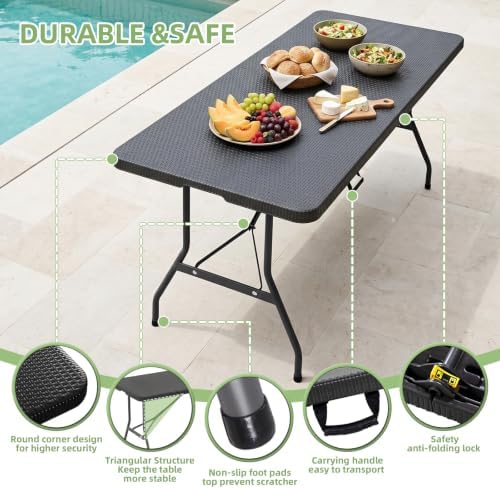 6FT Folding Table Portable Picnic Table Heavy-Duty Fold-in-Half Utility 6 Foot Foldtable Table with Carry Handle for Outdoor Indoor Party, Dining, Wedding, Camping, Black Ratten